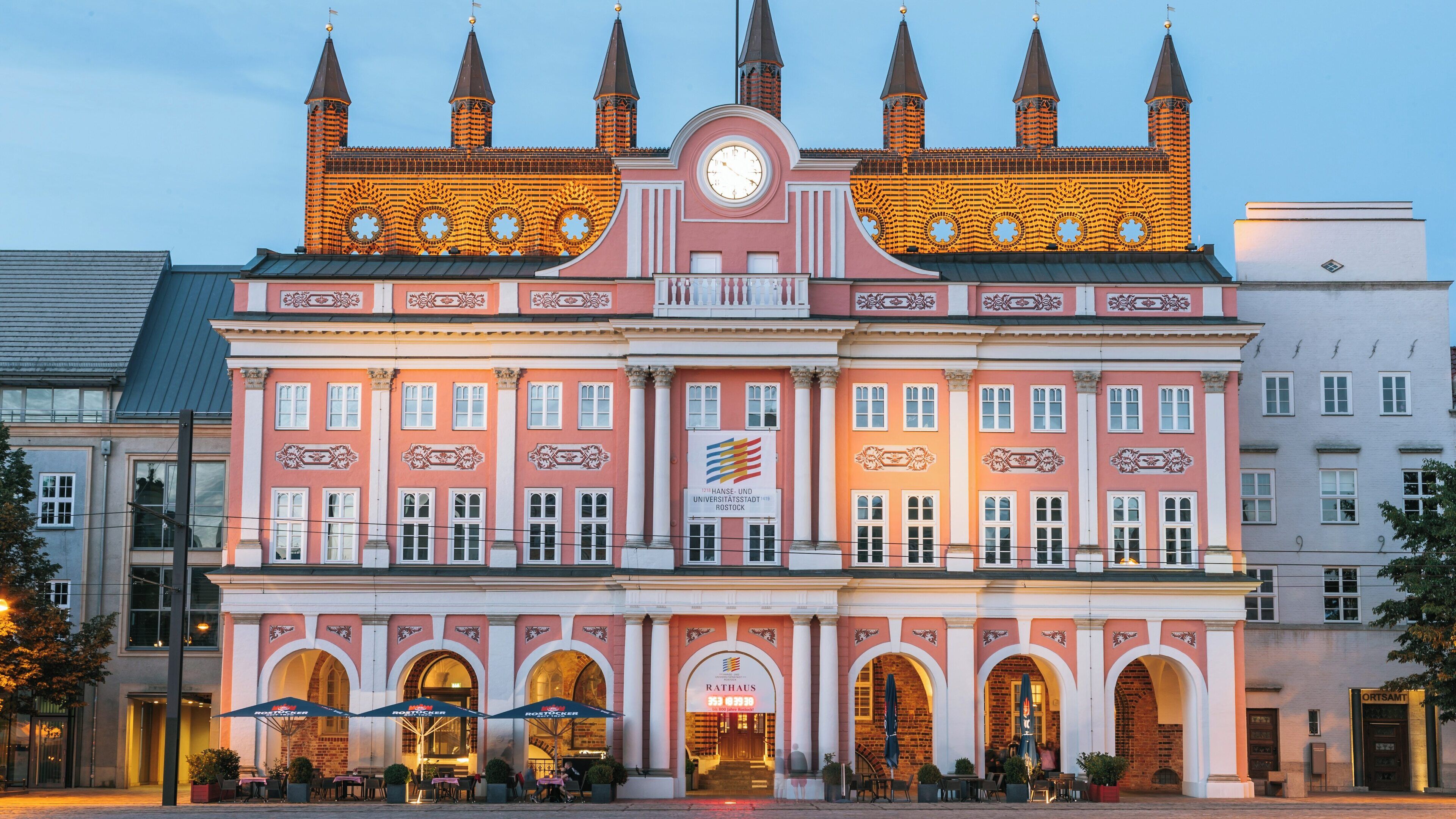 Historic Town Hall of Rostock showcasing beautiful architecture in Nördliche Altstadt during the evening light