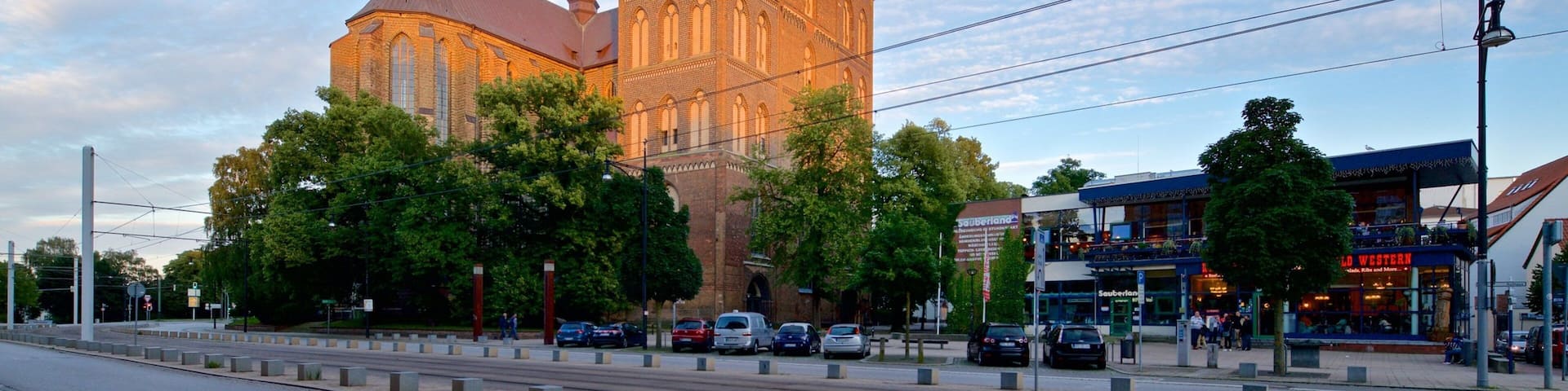 Marienkirche featuring a sunset and heritage architecture