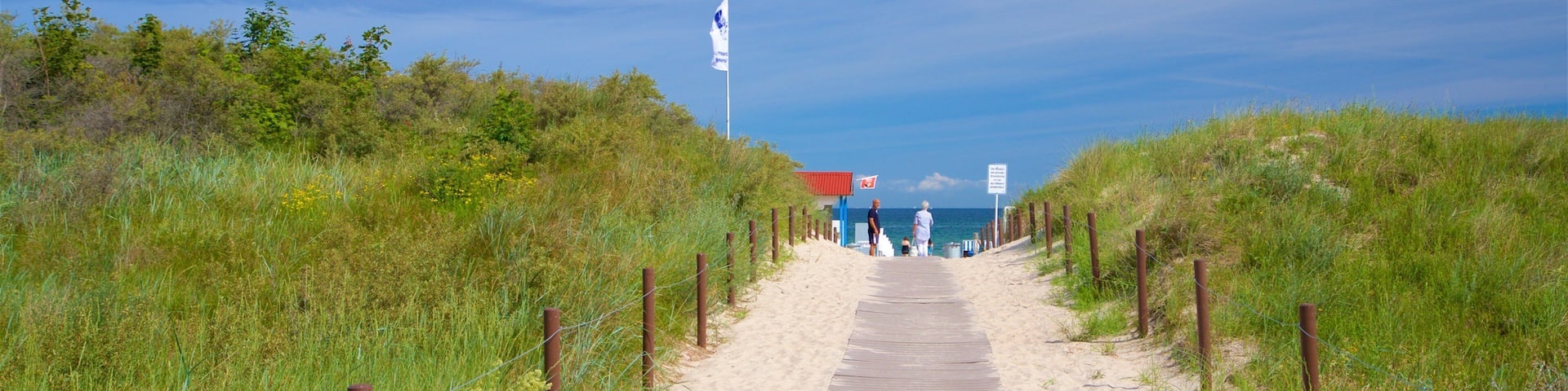 A wooden boardwalk leading to a beach with a flag and a red-roofed structure.