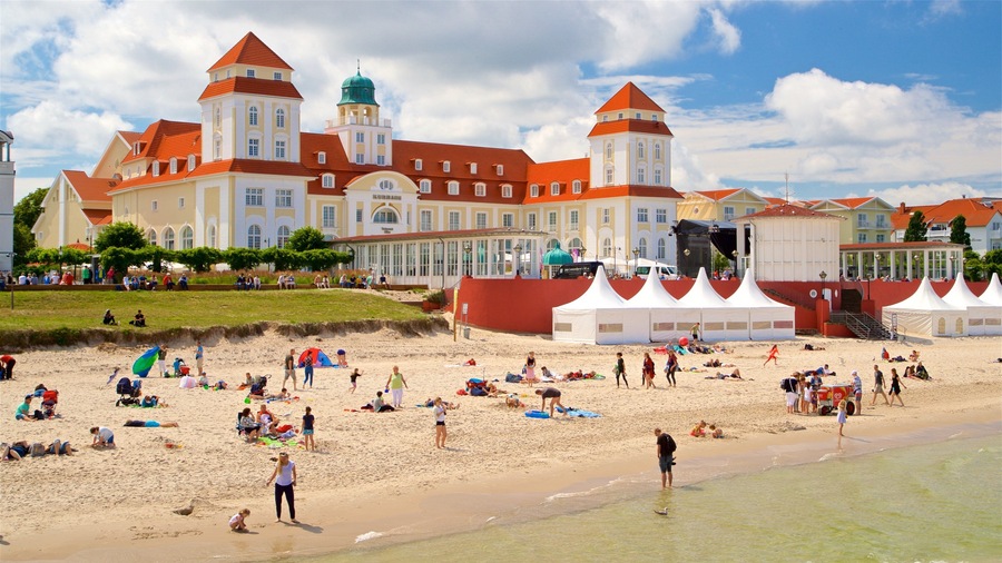 Binz Beach which includes general coastal views, a hotel and a beach