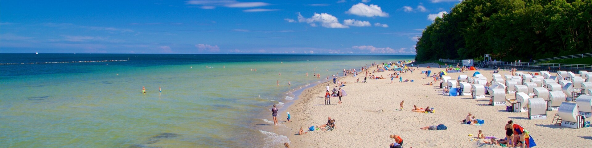 A crowded beach with clear turquoise water, a sandy shore, and a line of trees in the background.