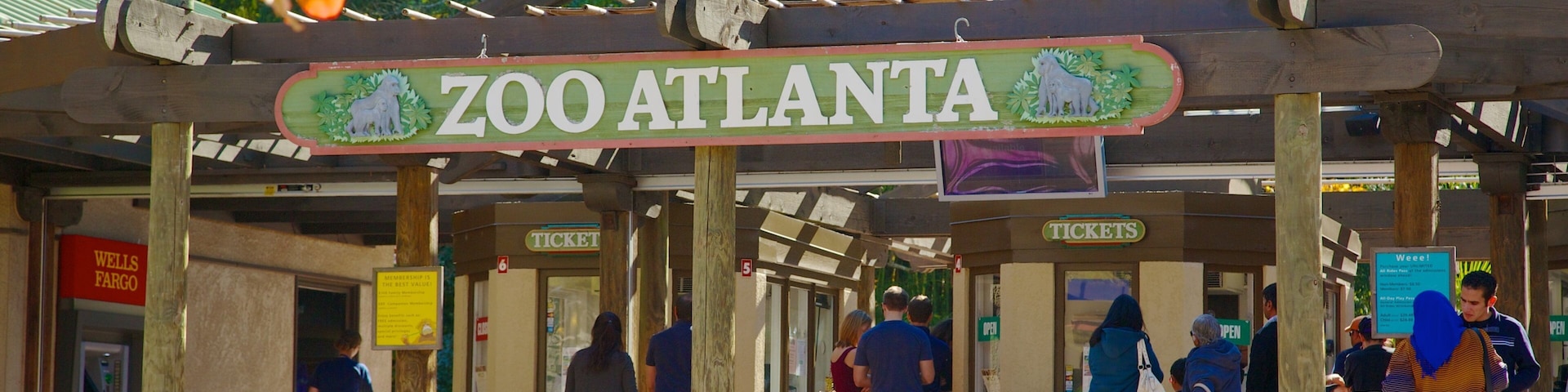 Zoo Atlanta caracterizando animais de zoológico e sinalização assim como um grande grupo de pessoas