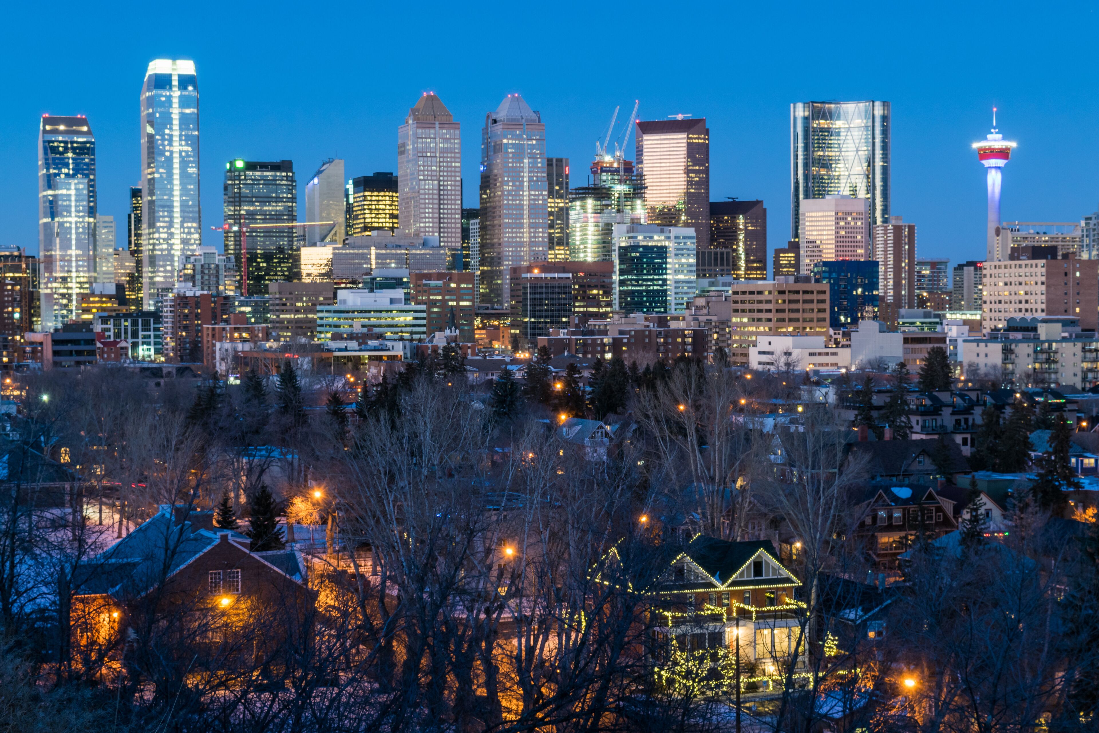 winter city scape at night of Clagary