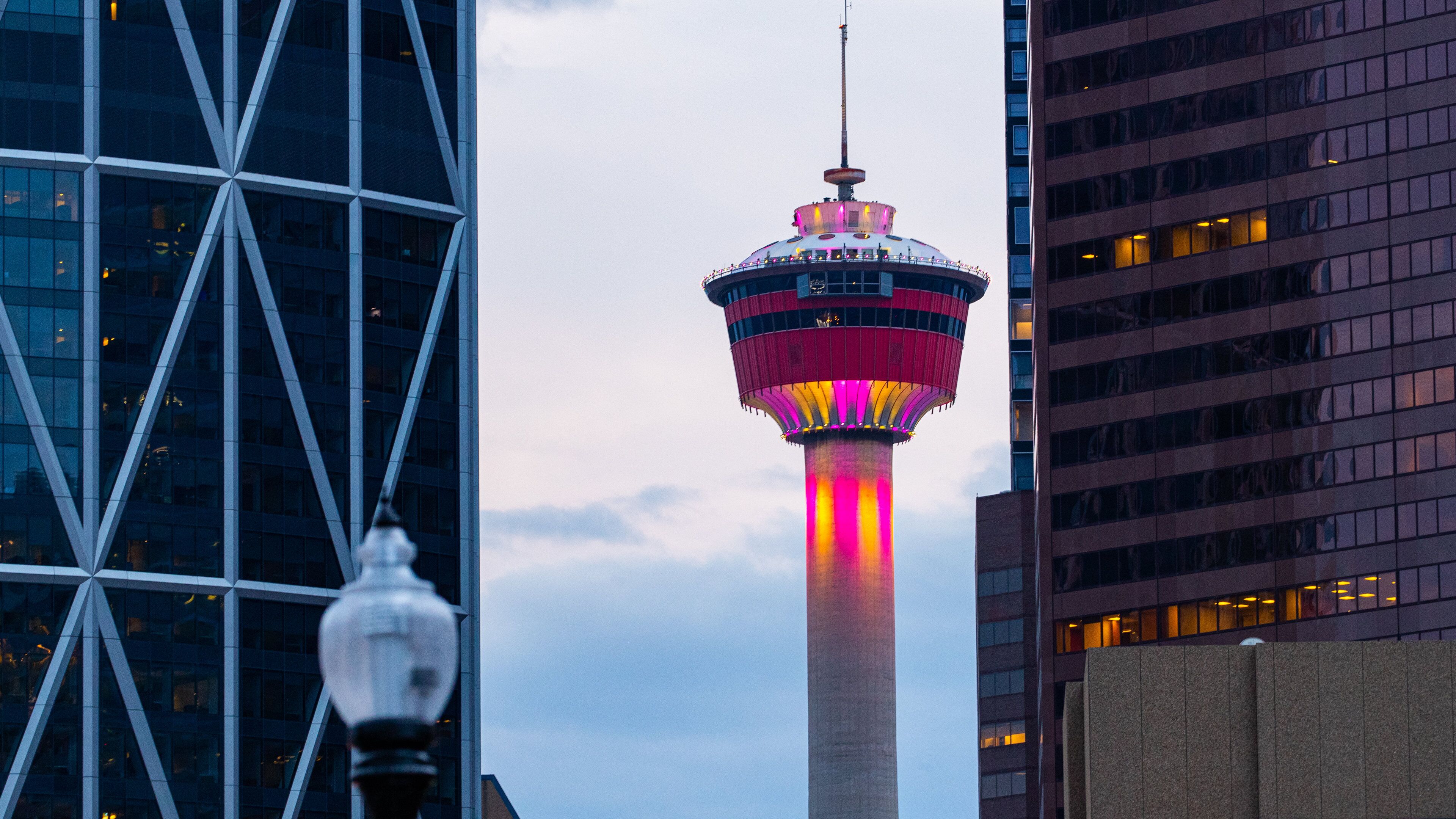 Calgary Tower which includes a high rise building, a city and views