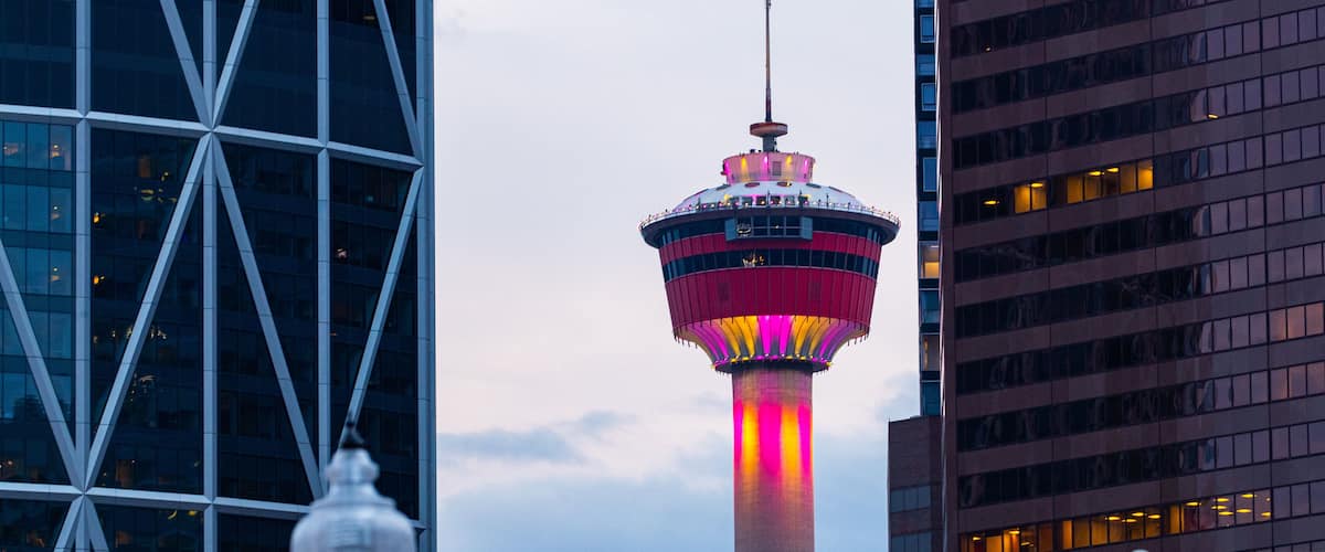 Calgary Tower which includes a high rise building, a city and views