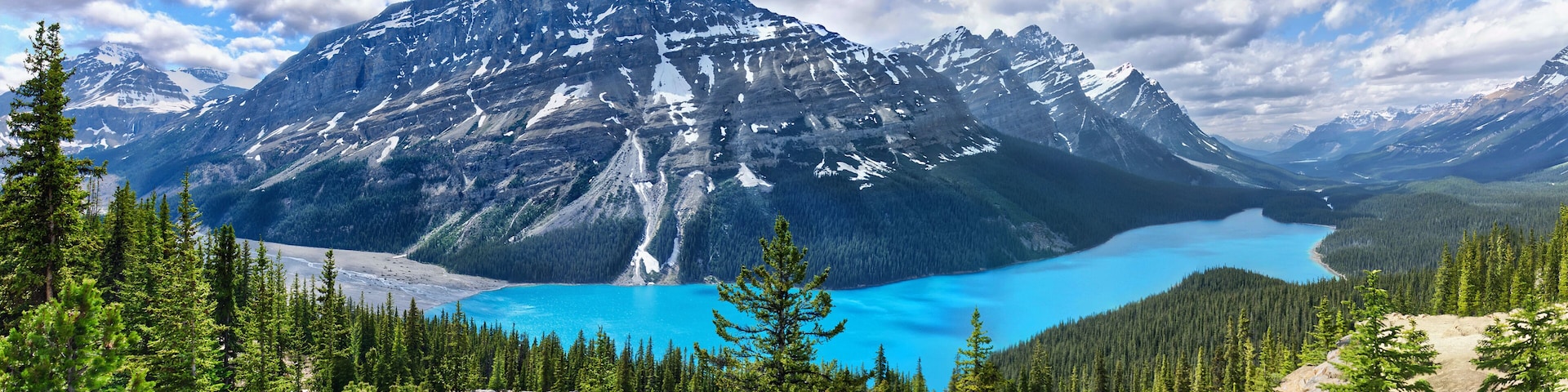 panoramic view of famous mountain Peyto lake at sunny weather, Banff National Park, Alberta, Canada