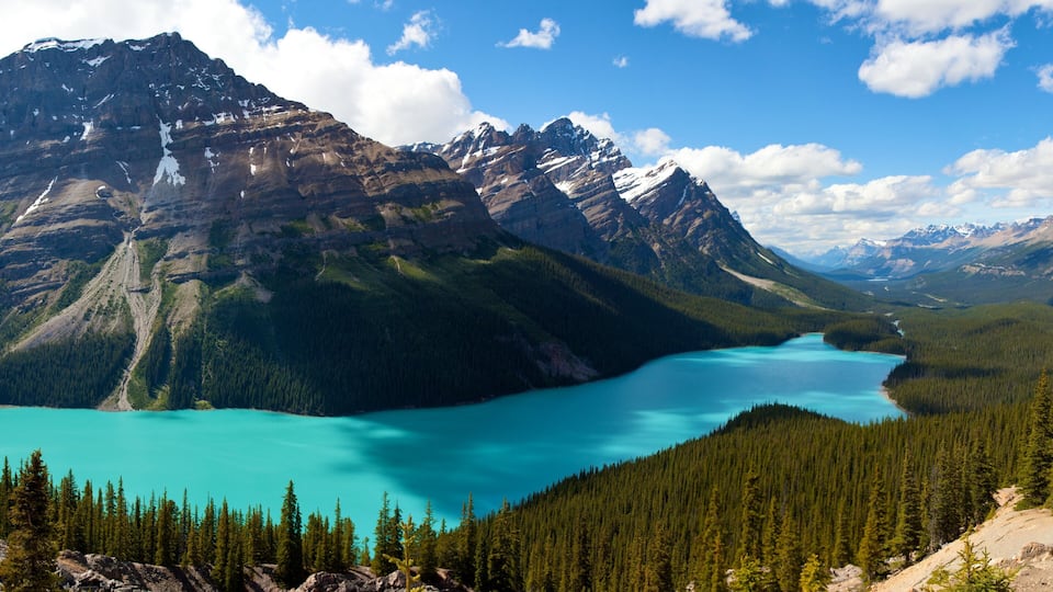 A mountain range with a turquoise lake surrounded by dense forests.