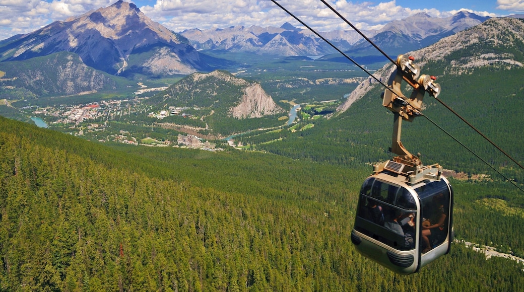 Sulphur Mountain Gondola cable car in Banff National Park in the Canadian Rocky Mountains overlooking the town of Banff. The mountain with the hot springs. Perfect image for travel and tourism.