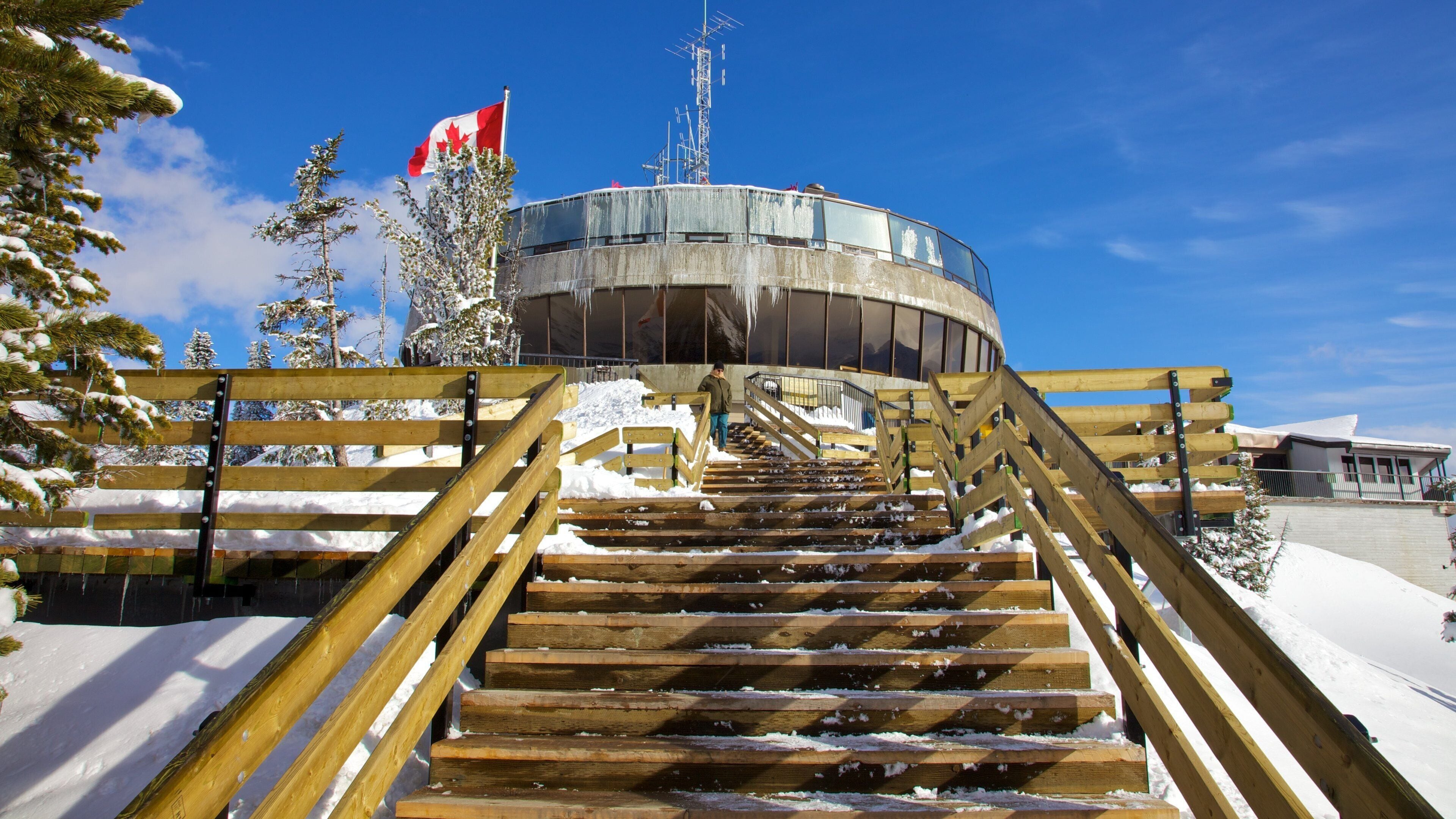 Banff Gondola showing snow and a gondola