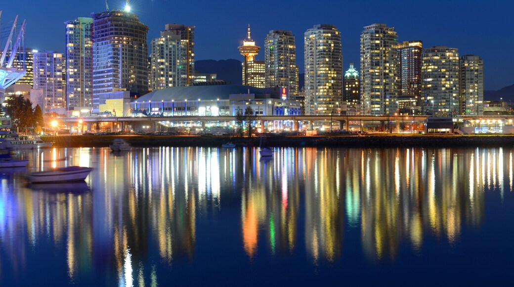 Vancouver City skyline and Rogers Arena at night, Vancouver, BC