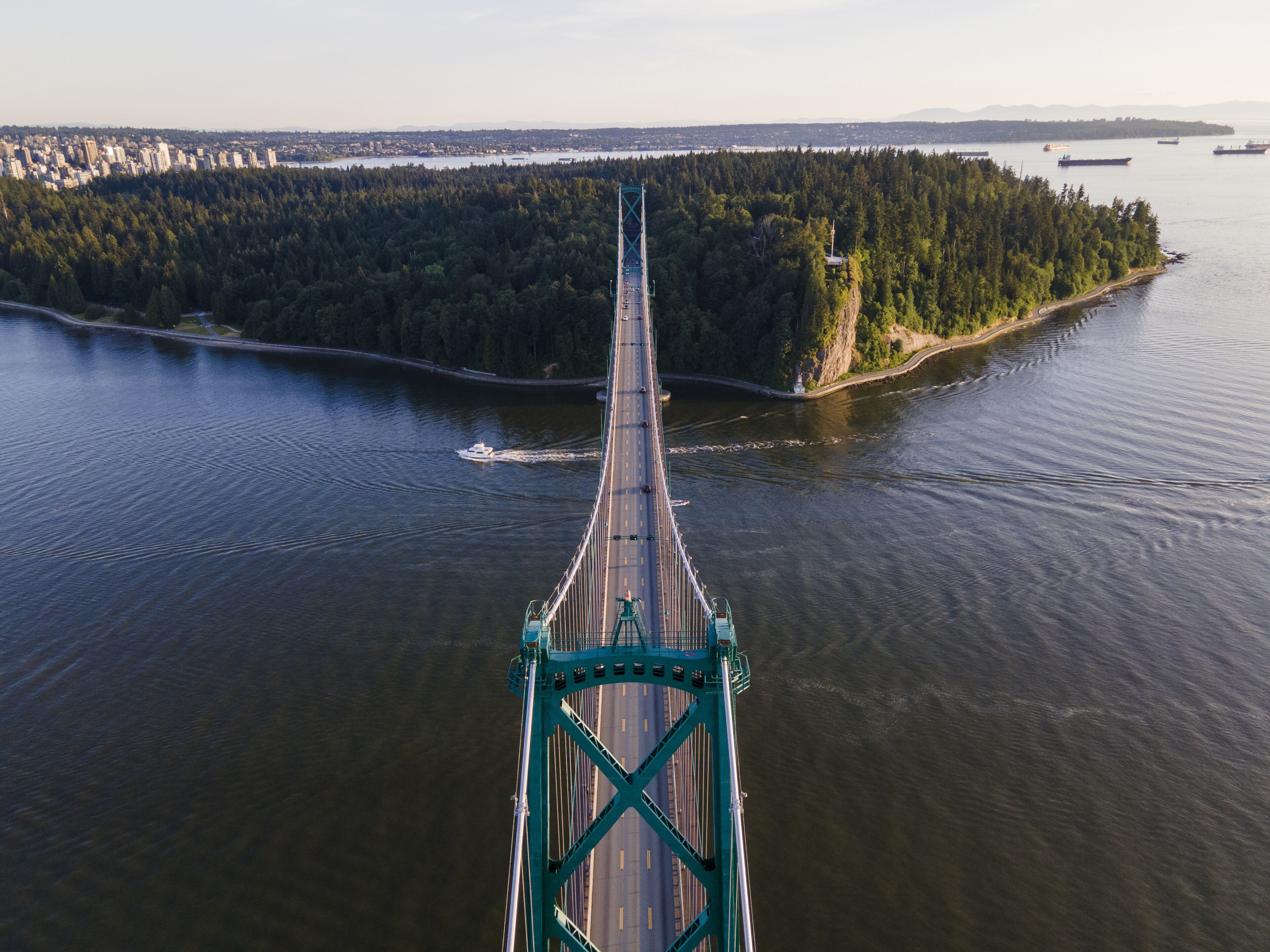 Aerial shot of the beautiful Lions Gate Bridge,  Vancouver, British Columbia