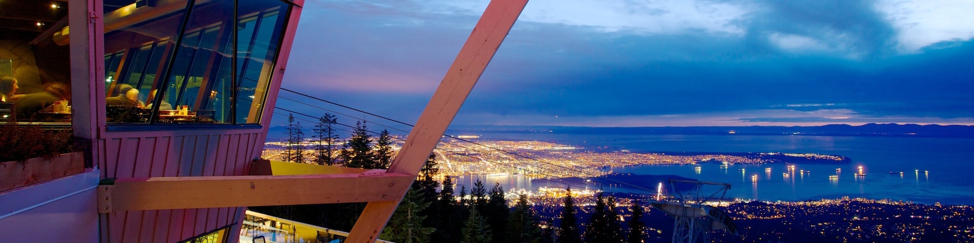 Grouse Mountain featuring night scenes, a city and views