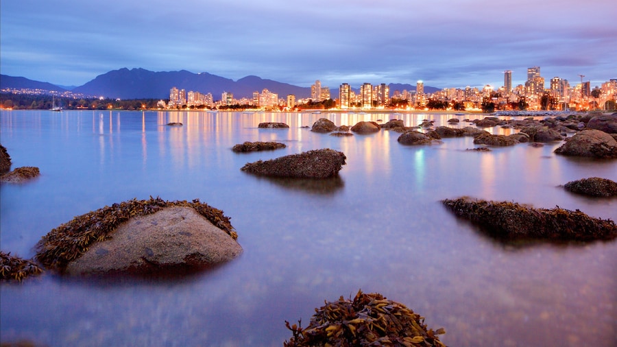 Kitsilano Beach which includes night scenes, a bay or harbor and general coastal views