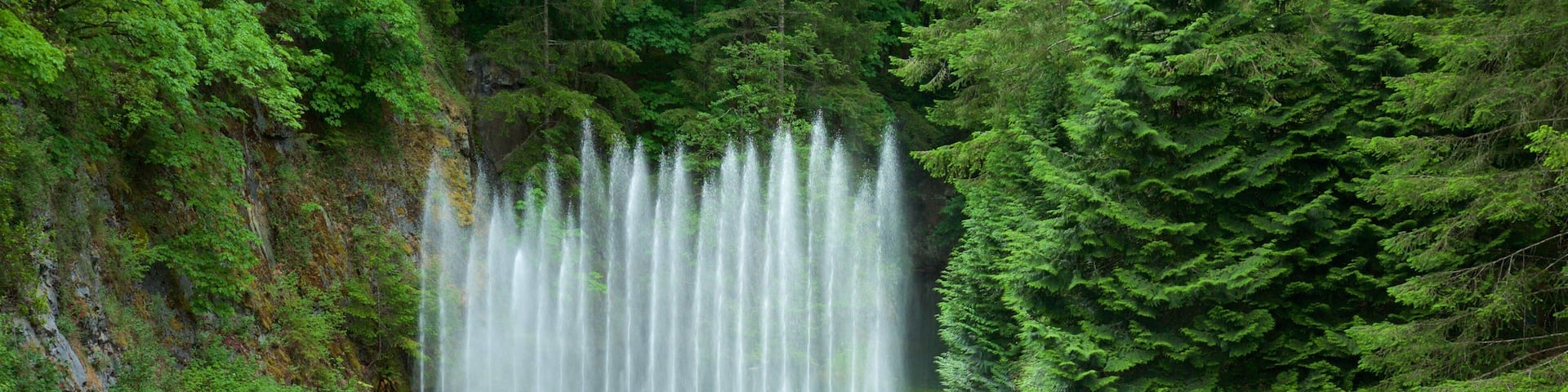 A waterfall cascading into a forested valley.