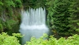 Una cascada que se precipita en un valle cubierto de bosque.
