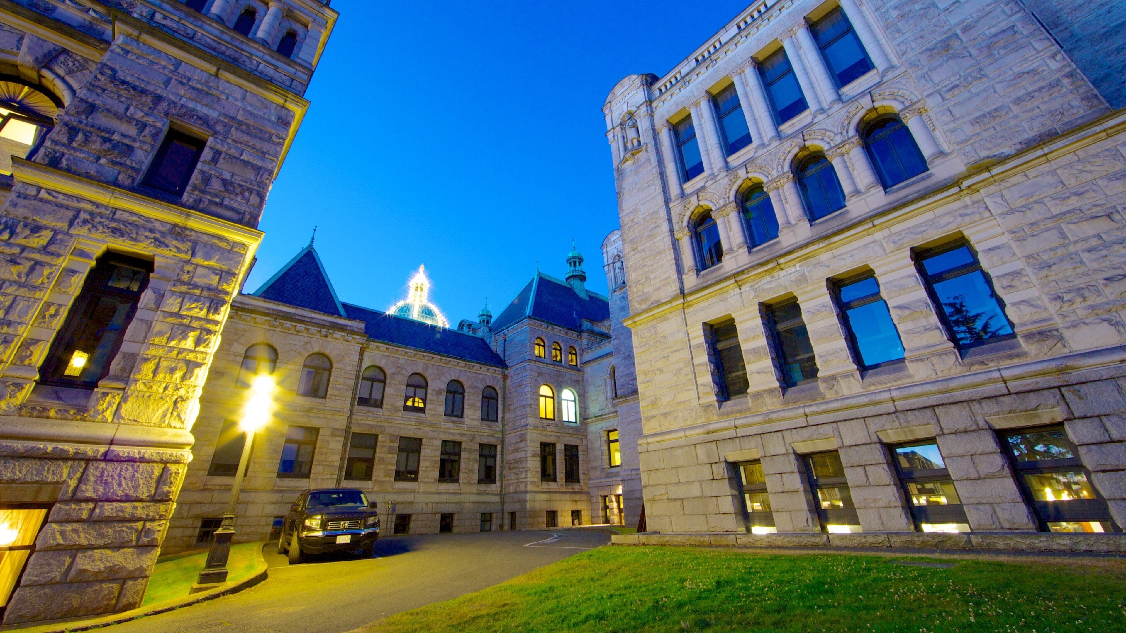 British Columbia Parliament Building showing heritage architecture and night scenes