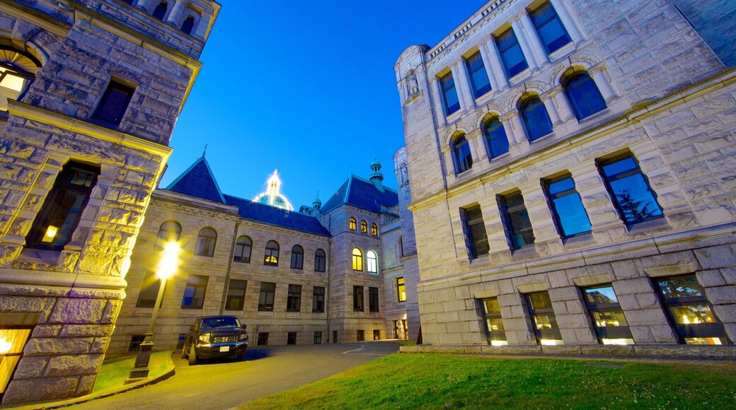 British Columbia Parliament Building showing heritage architecture and night scenes
