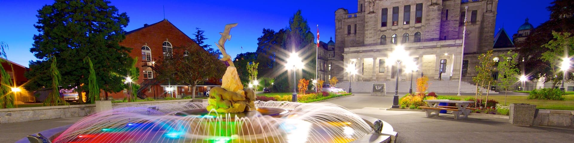 British Columbia Parliament Building mettant en vedette scÚnes de soirée, une place publique et une fontaine