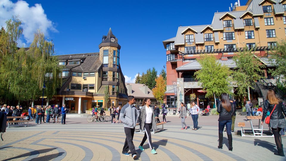 Whistler Blackcomb Ski Resort showing a luxury hotel or resort and a square or plaza as well as a large group of people