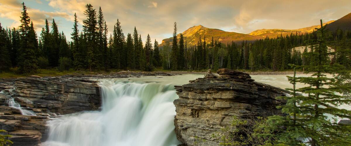 Athabasca Falls featuring a river or creek, rapids and a sunset