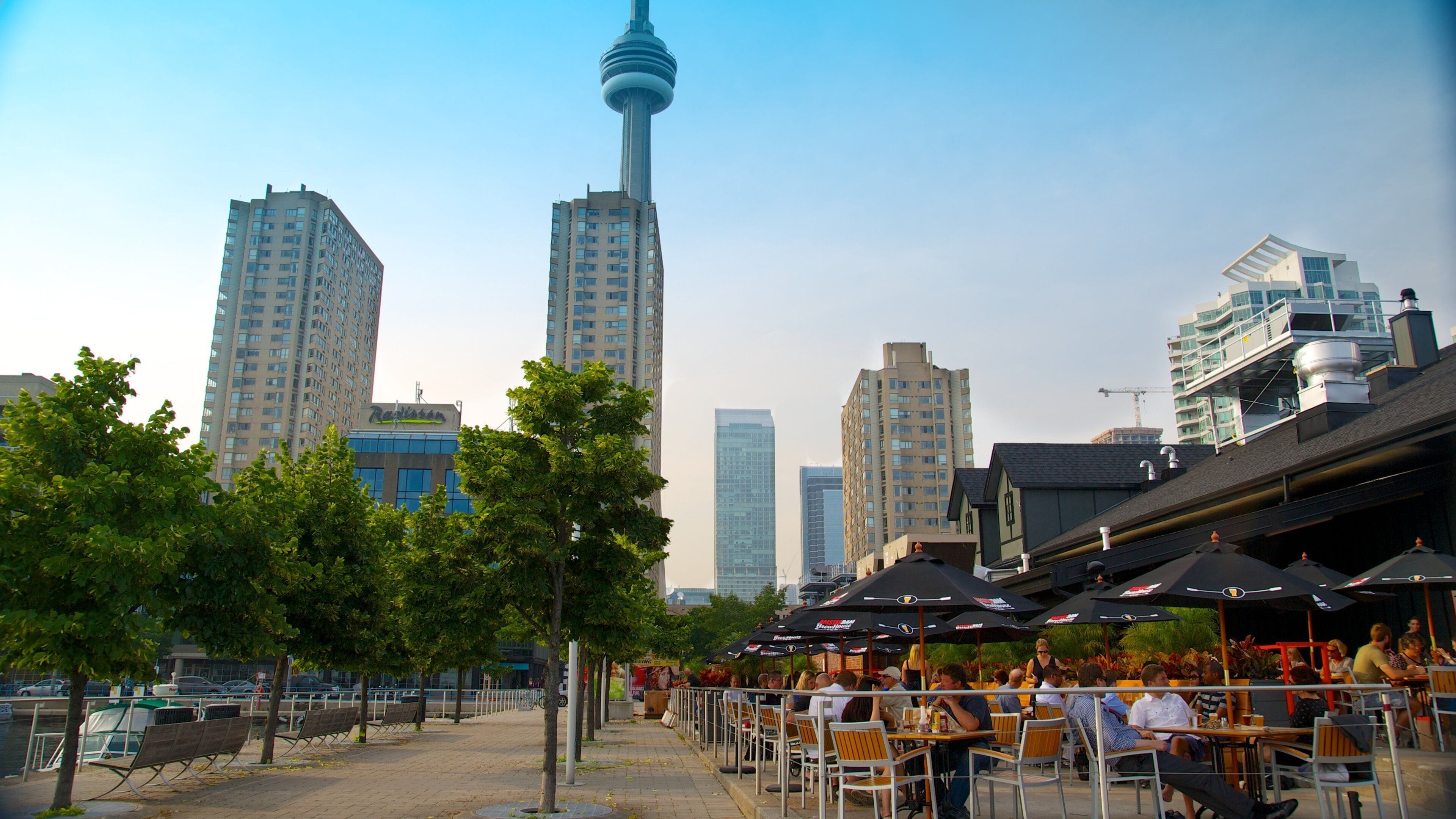 Harbourfront Centre which includes modern architecture, a high rise building and outdoor eating