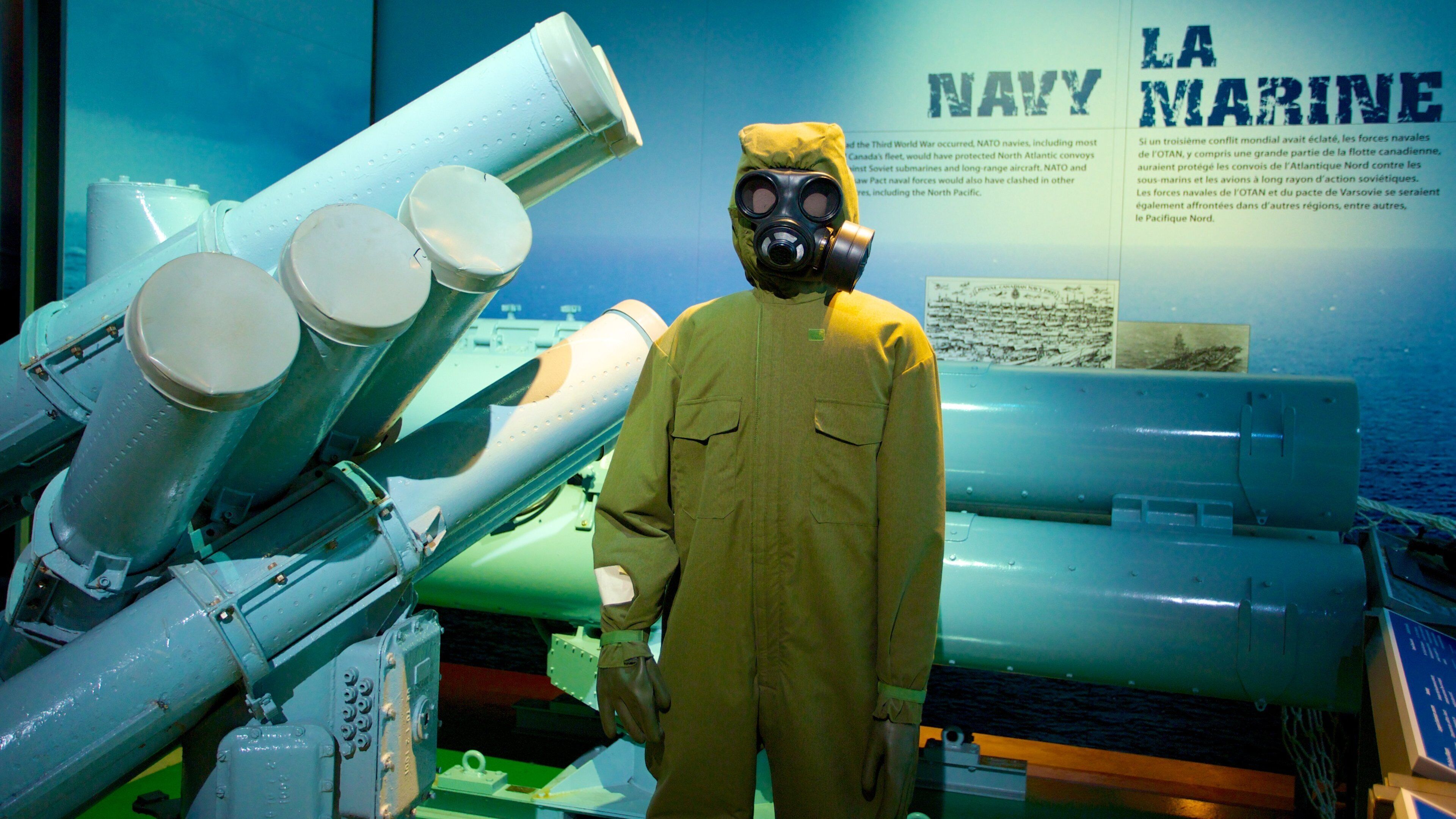 Canadian War Museum featuring signage, interior views and military items