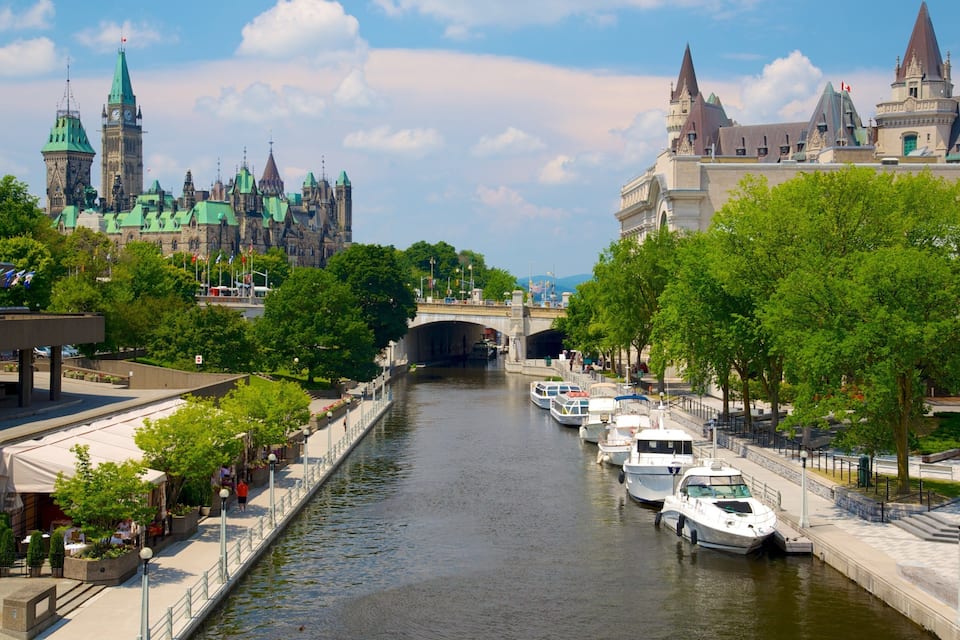 A canal with boats, a bridge, and historic buildings with green roofs.