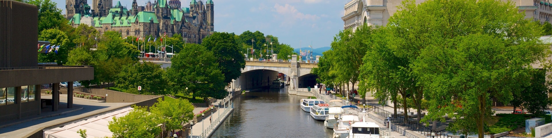 Rideau Canal which includes boating, a castle and a river or creek