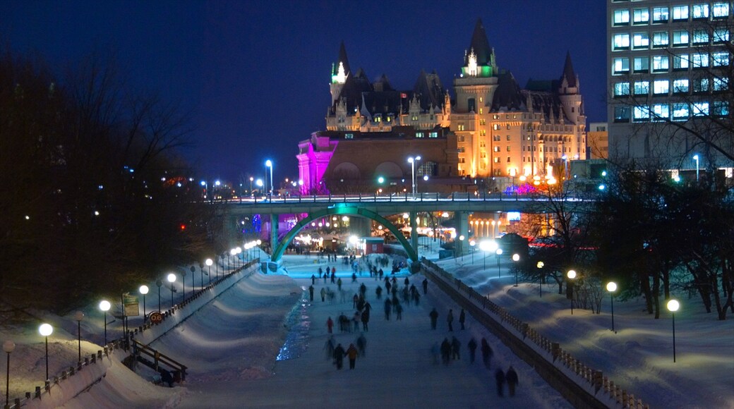 Rideau Canal featuring night scenes, snow and nightlife