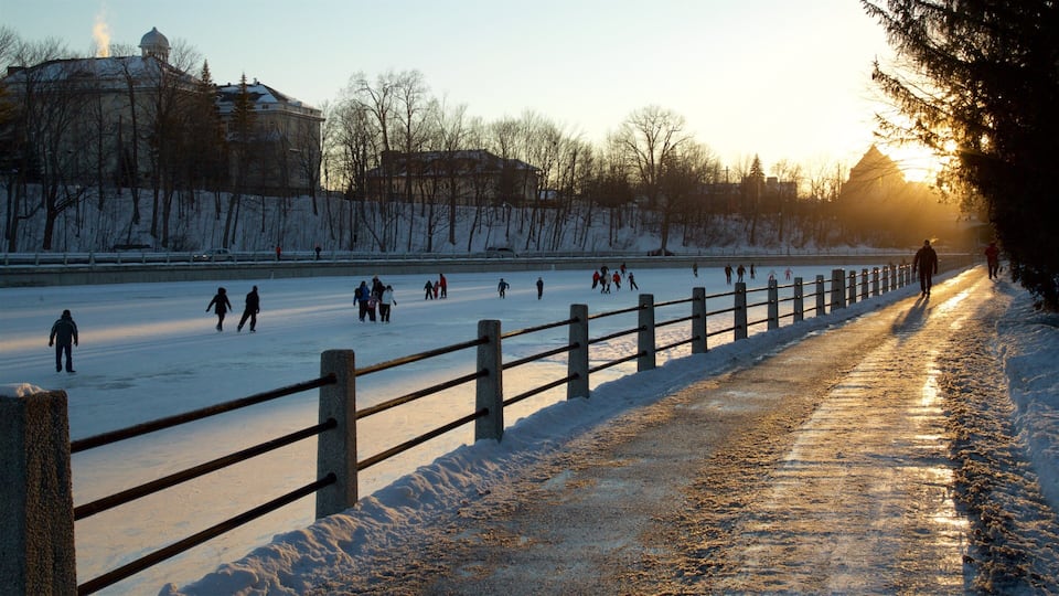 Rideau Canal showing snow skiing and snow as well as a large group of people