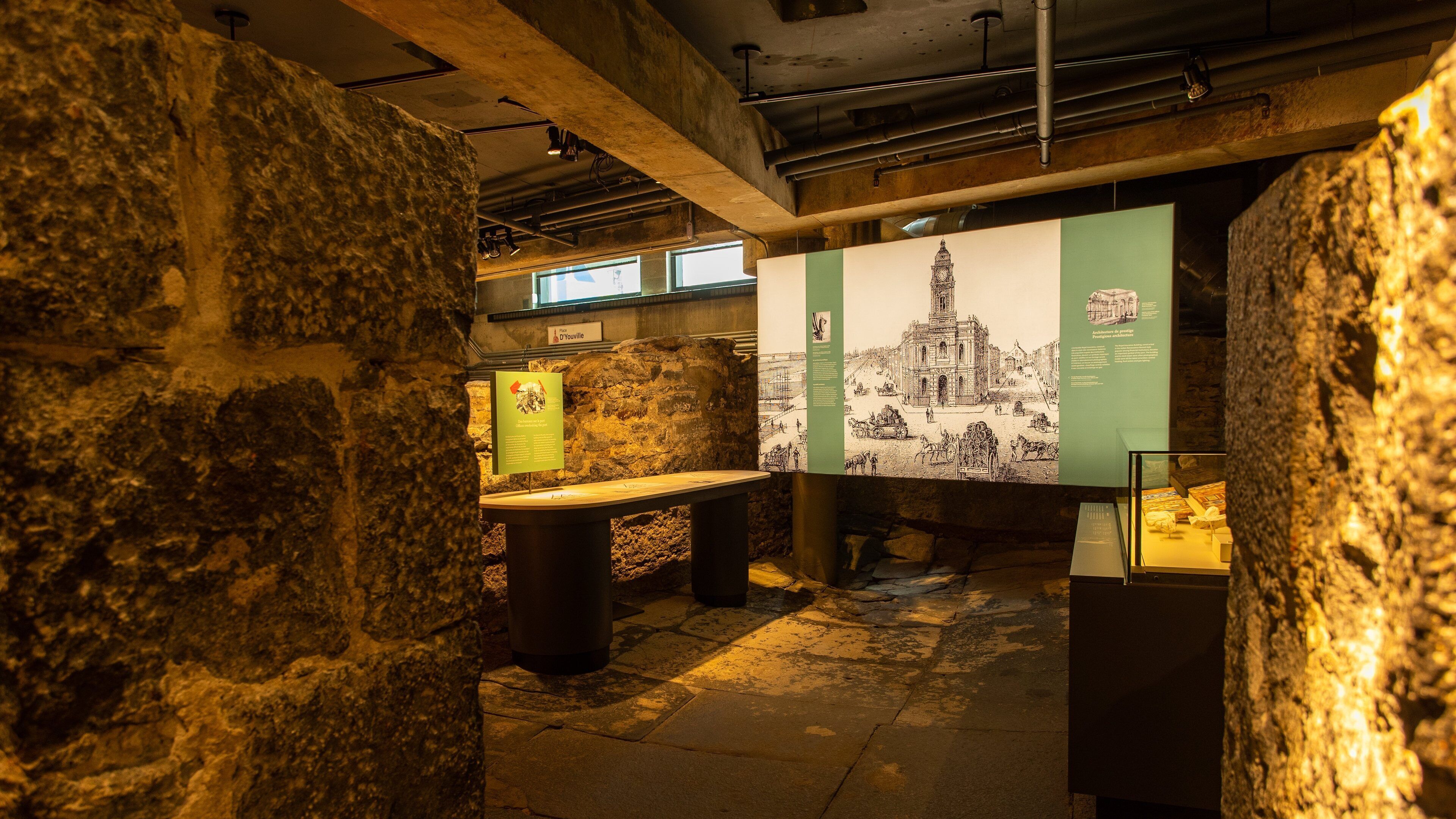 Montreal Museum of Archaeology and History which includes interior views and signage