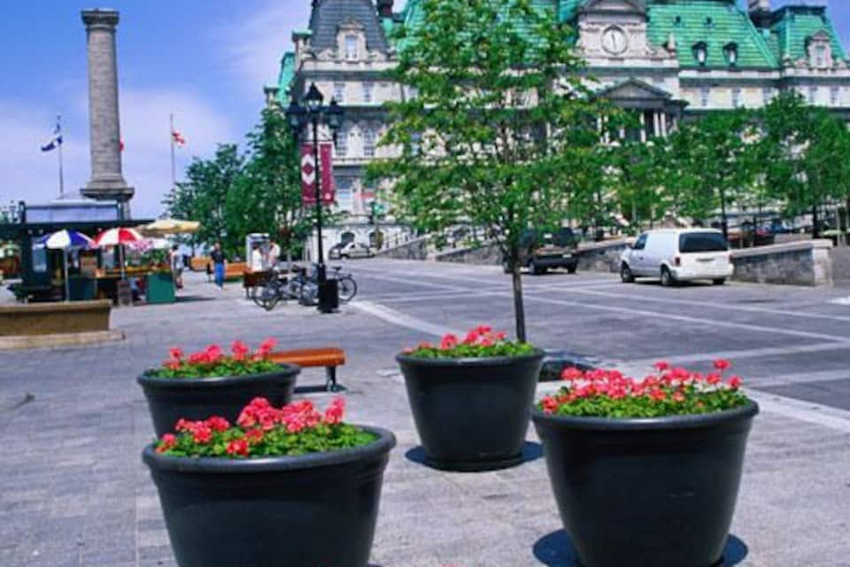 A historic building with a green roof, large flower planters, and a clear blue sky.