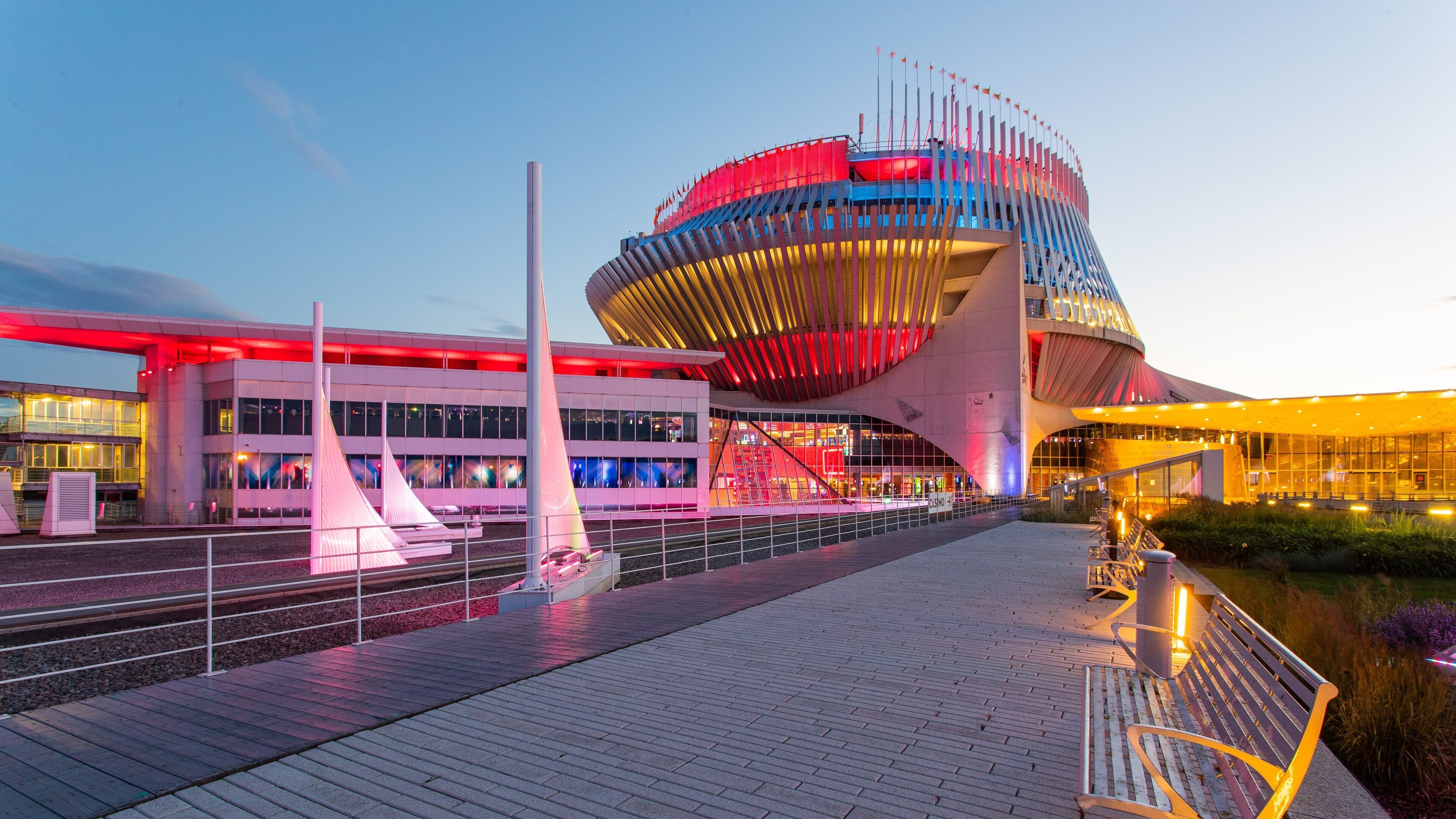 Montreal Casino showing a sunset and modern architecture
