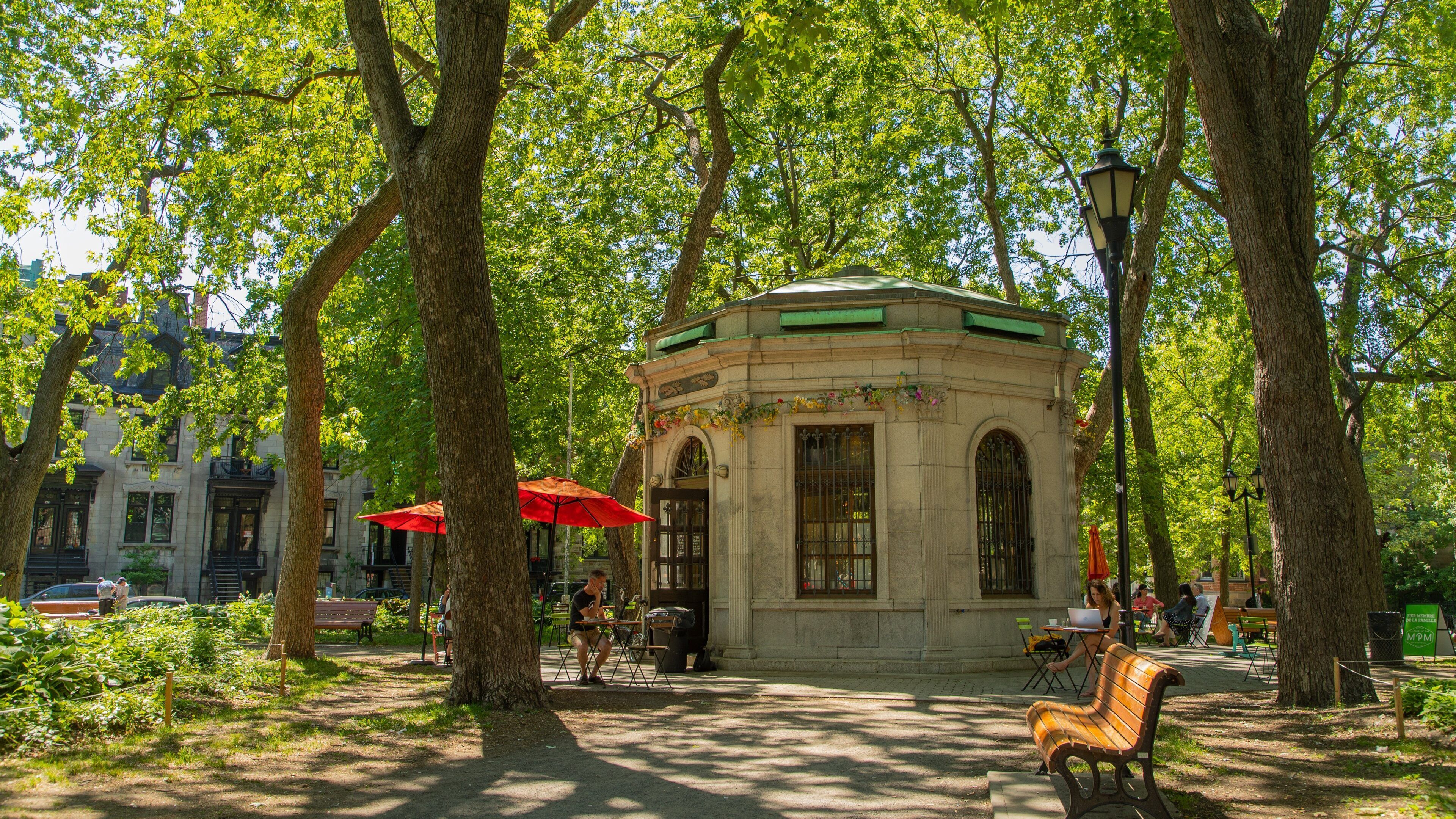 Ein Park mit einem Kiosk, roten Sonnenschirmen und Bänken.