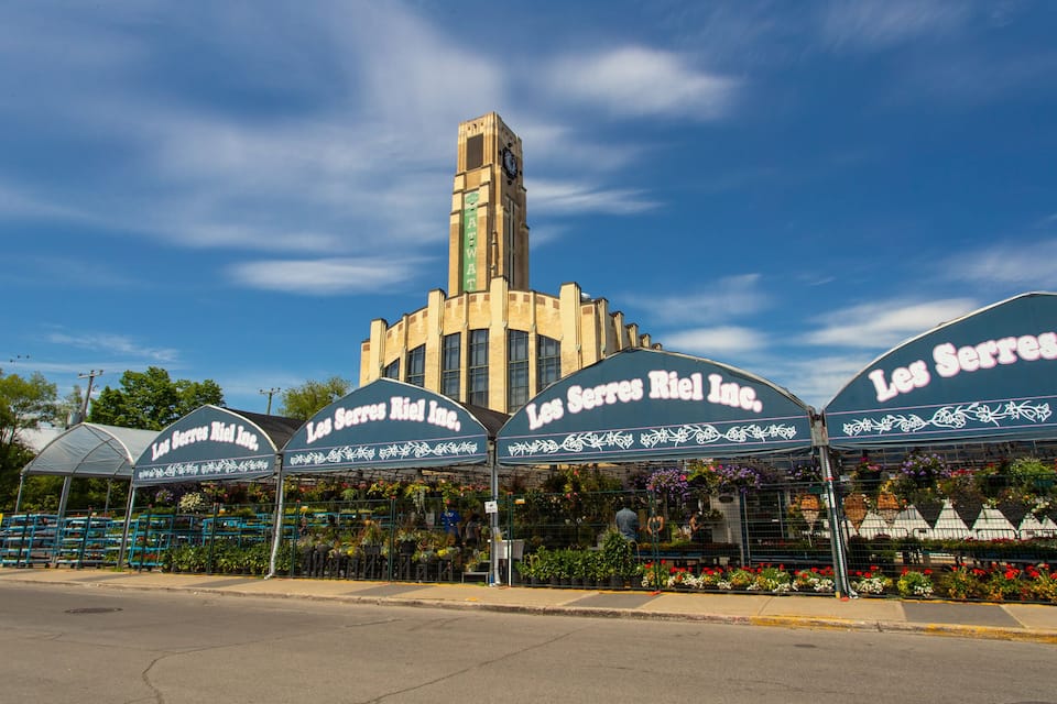 A building with a clock tower and flower market stalls.