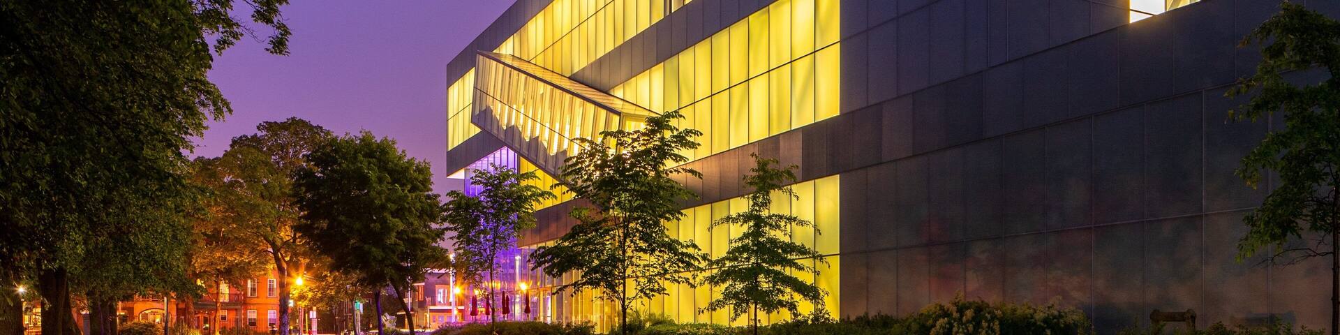 Quebec National Museum of Fine Arts showing night scenes, modern architecture and a sunset