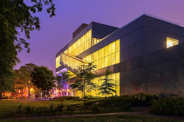 Quebec National Museum of Fine Arts showing night scenes, modern architecture and a sunset