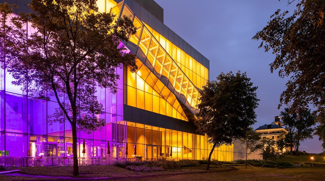 Quebec National Museum of Fine Arts which includes night scenes and modern architecture
