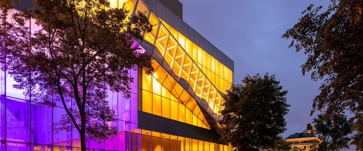 Quebec National Museum of Fine Arts which includes night scenes and modern architecture