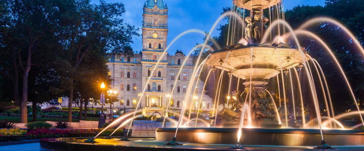 The Quebec Parliament Building and the Fontaine de Tourny at twilight in Quebec City, Quebec, Canada.; Shutterstock ID 293336051
