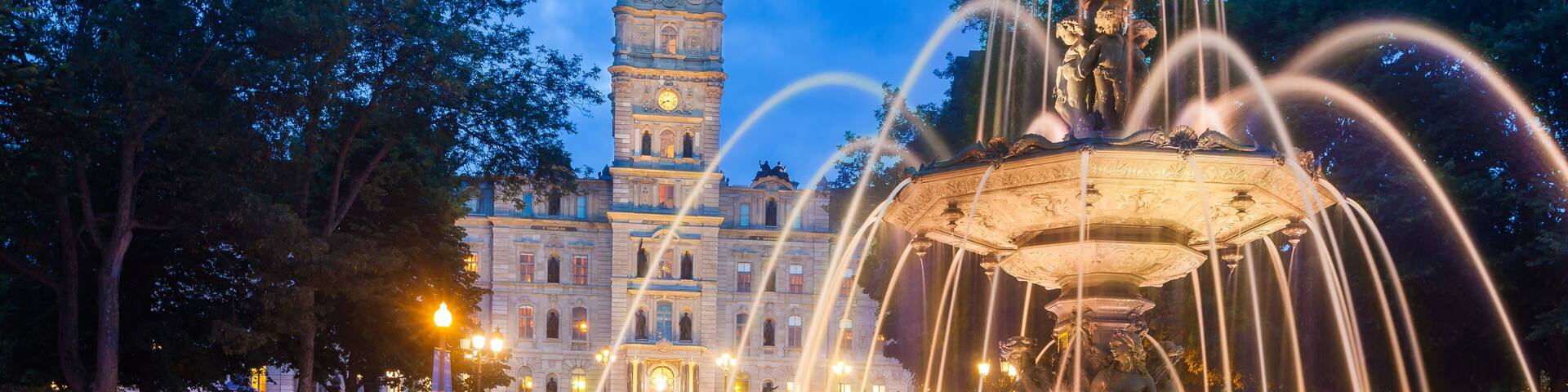 The Quebec Parliament Building and the Fontaine de Tourny at twilight in Quebec City, Quebec, Canada.; Shutterstock ID 293336051