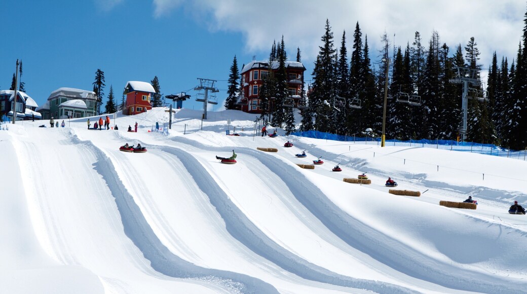 Estación de esquí Silver Star mostrando nieve y llantas inflables para deslizarse por la nieve y también un pequeño grupo de personas