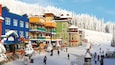 Edifici colorati, una pista da sci e alberi innevati.