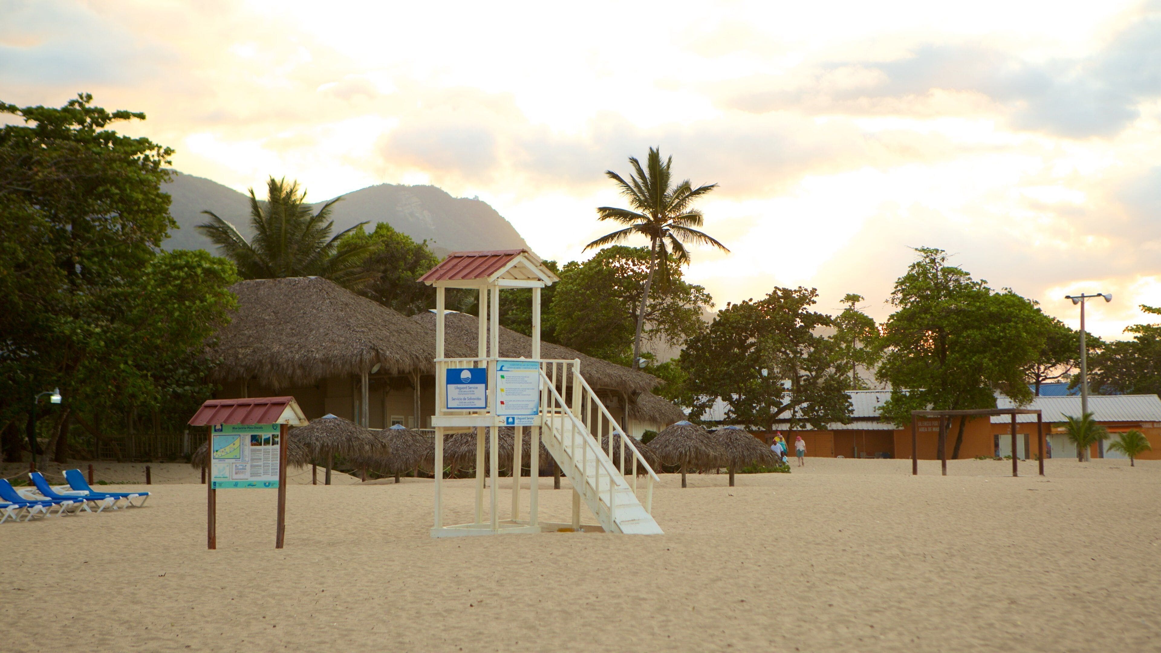 Una playa con una torre de salvavidas, cabañas de techo de paja, palmeras y un paisaje arenoso.
