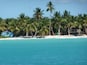 A beach with turquoise water, palm trees, and a thatched-roof hut.