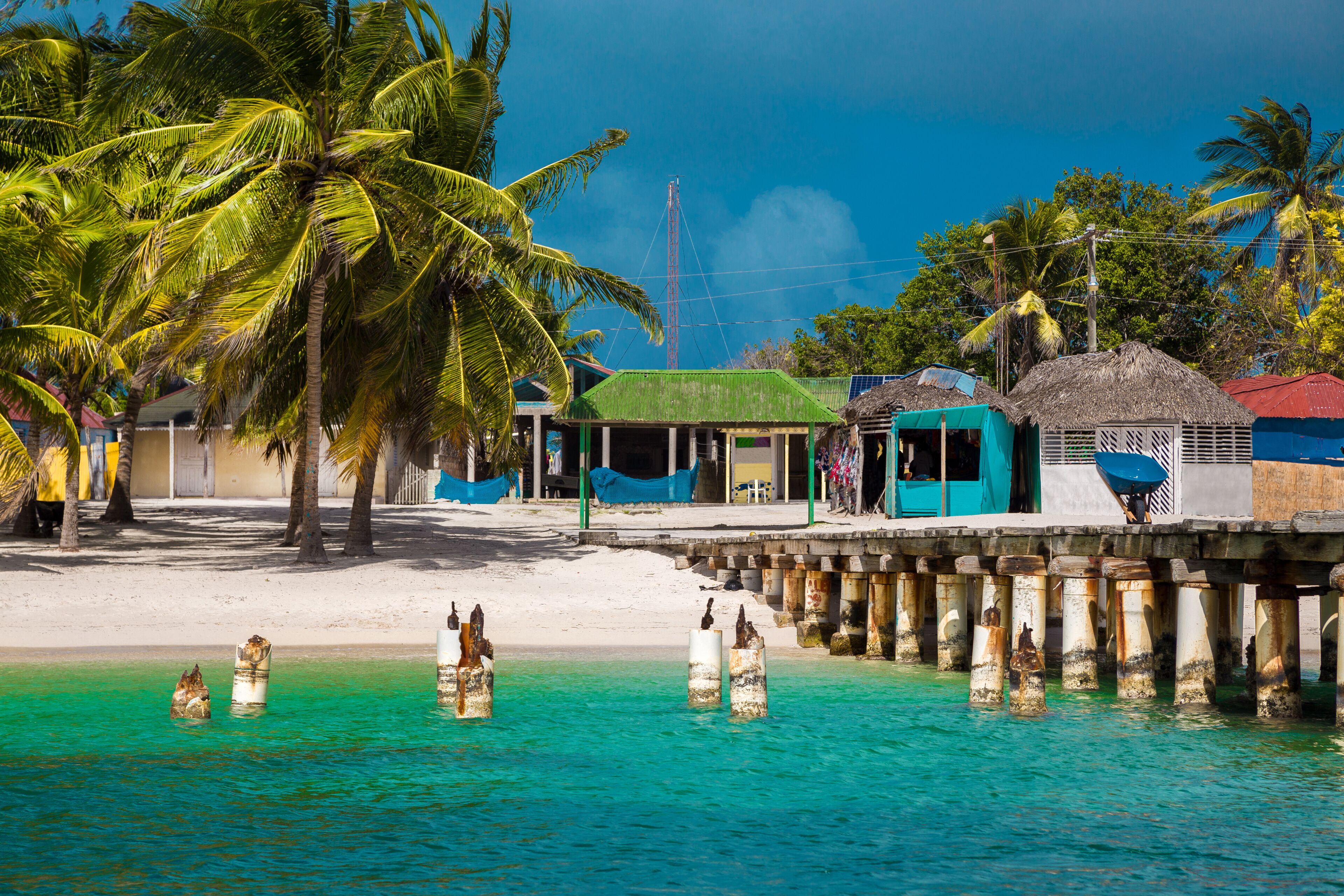 A coastal scene with a pier, palm trees, and thatched-roof huts.