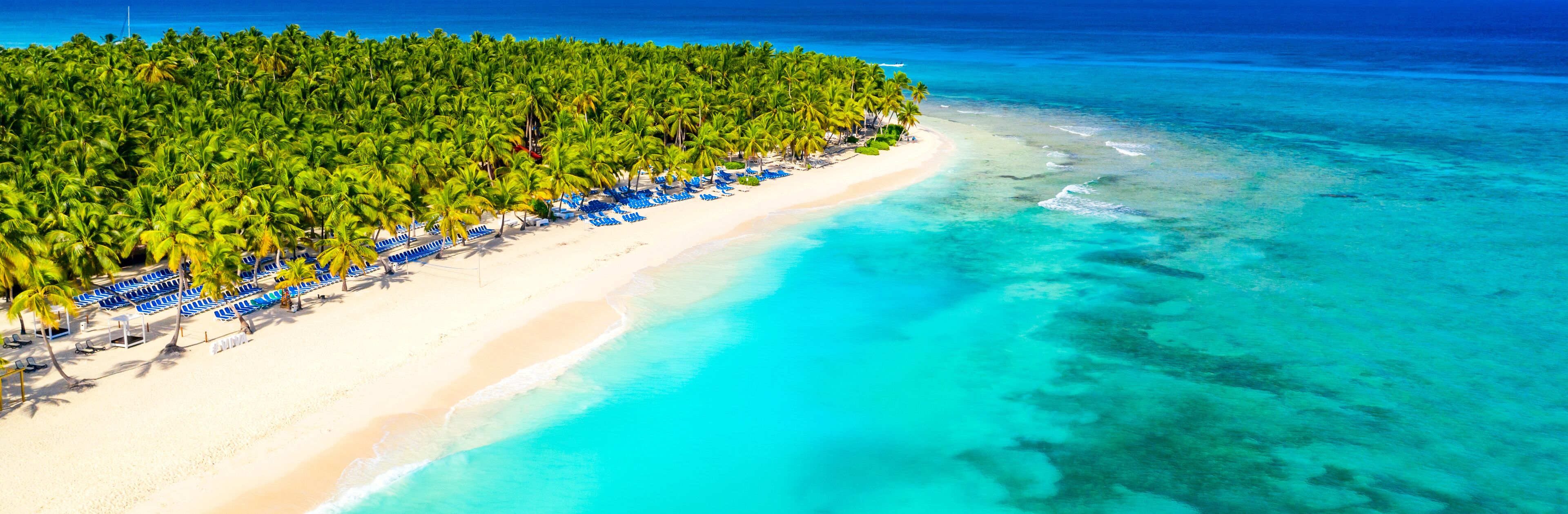 Aerial drone view of beautiful tropical island beach with palms. Vacation background. Banner view