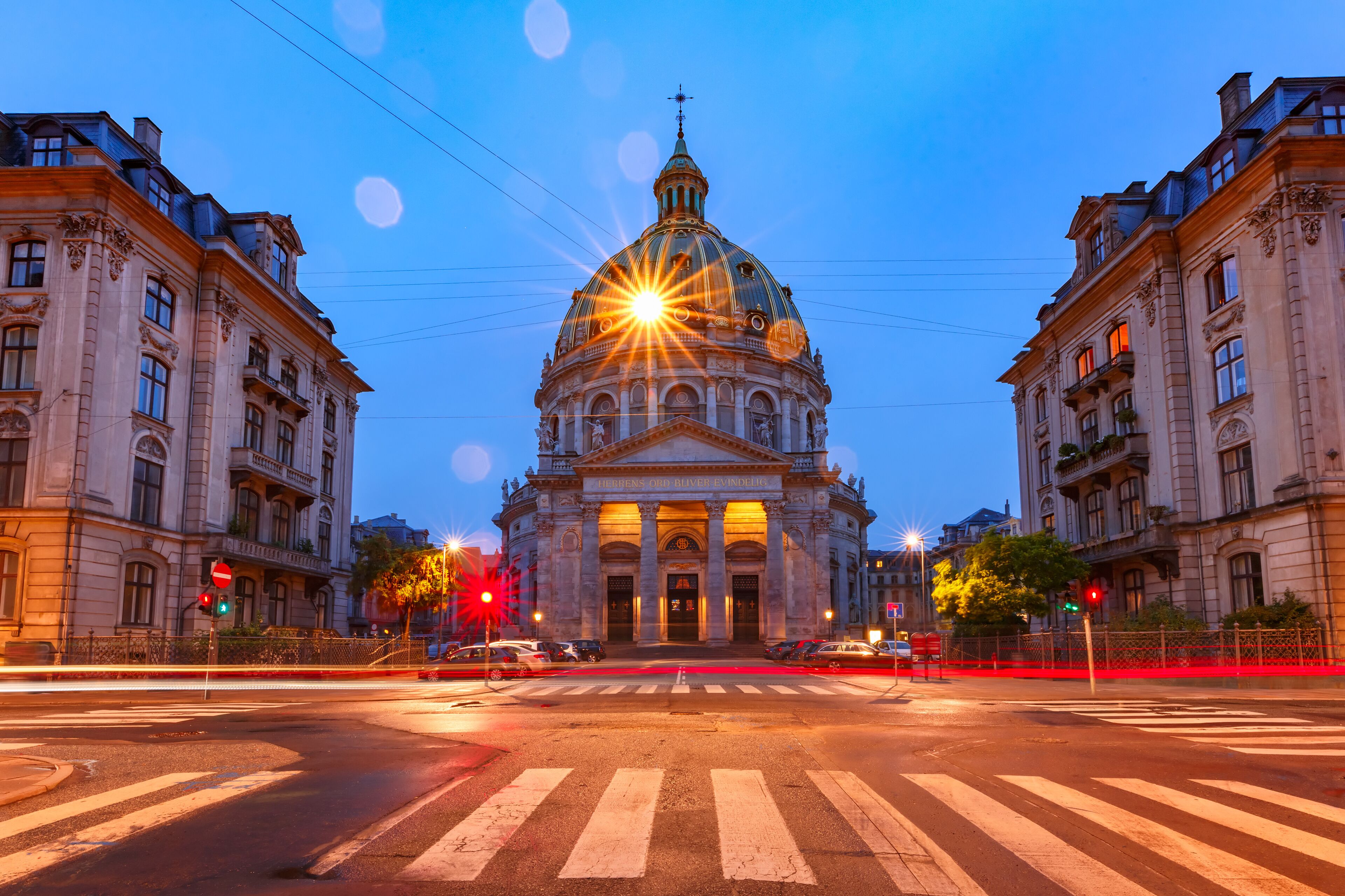 Night Frederik's Church or Marble Church in Copenhagen, capital of Denmark.