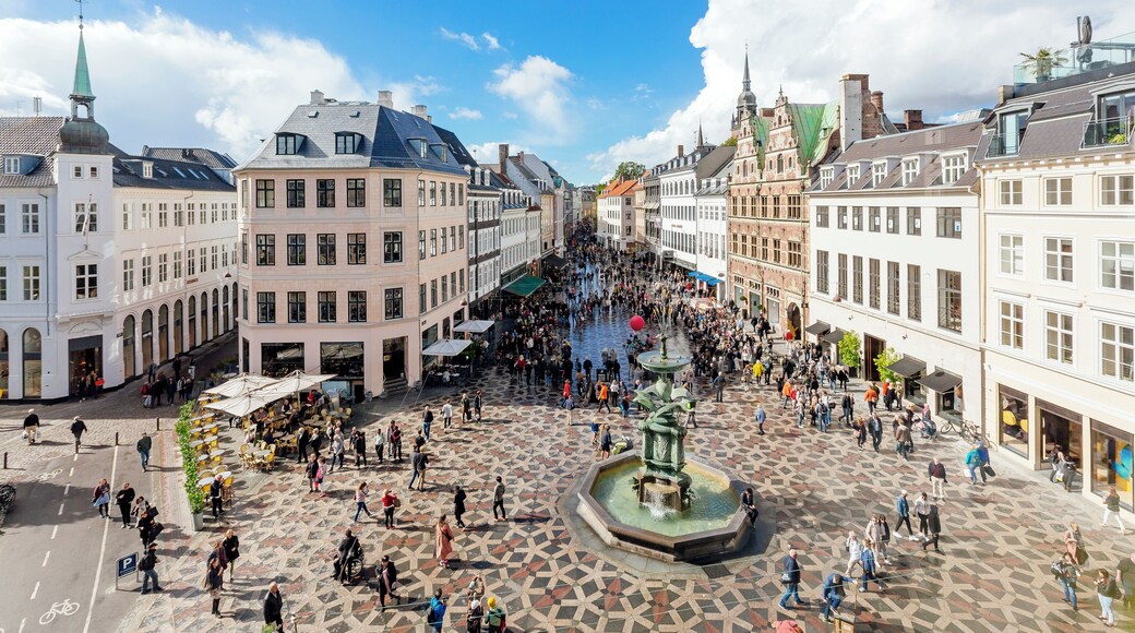 Amagertorv town square in Copenhagen on a sunny day, high angle view, Denmark