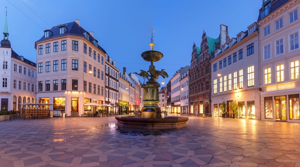 Stork Fountain on the Amagertorv square, Stroget street during morning blue hour, Copenhagen, capital of Denmark